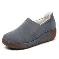Women's grey suede slip-on rocker shoes featuring warm plush fur lining and a thick brown sole - 35 / Fur Lined / Gray