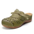 Close-up of vintage green hollow-out wedge clogs for women with detail of bow - Army Green