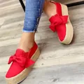 Women's stylish red platform espadrille loafers featuring large bow and jute sole - 35 / Red