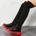 Stylish black fly-knit over-the-knee boots with chunky red thick soles for women. - 38 / Black with Red Base