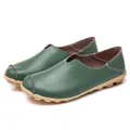 Comfortable green leather flat loafers for women with textured finish and rubber sole - Army Green