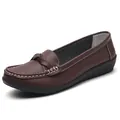 Comfortable dark brown women's loafers with braided knot detail and white contrast stitching - Brown