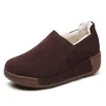 Women's brown suede wedge rocker shoes with comfortable warm white faux fur lining - 35 / Brown (Fleece Lined)