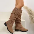 Slouchy brown suede western boots with buckle strap detail for women - Khaki