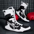 High-top boxing shoes in black and white with non-slip soles for wrestling training. - 39 / Black and White