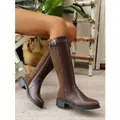 Stylish brown knee-high knight boots with decorative buckle and side zipper closure - Brown