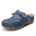 Detailed view of women's blue hollow-out wedge mules with laser-cut flower patterns - Dark Blue