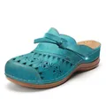 Turquoise women's closed-toe mules with laser-cut floral patterns and wedge heels - 36 / Lake Blue