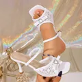 Elegant white lace high-heeled mule sandals featuring a sparkly heart rhinestone buckle - 35 / White-Heart