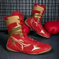 Professional high-top boxing and wrestling shoes in red and gold with non-slip sole. - 39 / Red