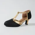Detail view of black glitter Latin dance shoe with gold T-strap and kitten heel - 35 / Black