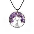 Detailed macro view of the tree of life pendant with amethyst and silver wire wrap. - Round Tree of Life (With Leather Rope) / Silver Purple Crystal