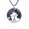 Detail of blue natural stone Tree of Life wire wrapped necklace pendant on white background - Round Tree of Life (With Leather Rope) / 5CM gravel tree of life / 银色蓝纹石