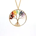 Close-up of wire-wrapped tree of life pendant with colorful natural gemstone crystals - Gold Multicolored Round Spread