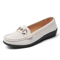 Elegant off-white suede-like loafers for women with decorative gold buckle and black sole - Off White
