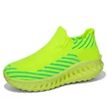 Bright neon yellow fly-knit slip-on sports shoes featuring textured green stripes - 36 / Green