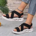 Detail side view of women's casual thick sole sandals with black elastic straps - 36 / Casual Platform Sandals (Cross Sandals) / Black