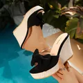 Elegantes sandalias de cuña negras con lazo y suela de alpargata tejida para el verano - Negro