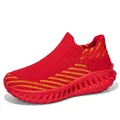 Vibrant red slip-on flyknit walking shoes with yellow textured accents - 36 / Red (Women)