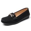 Classic black suede loafers for women with decorative gold butterfly metal buckle detail - 35 / Black
