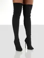 Detailed view of elegant black knit over-the-knee stretch boots featuring stiletto high heels - 36 / Black