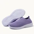 Detailed view of purple fly-knit sock shoes with white slip-resistant sole - 35 / Purple