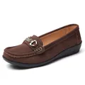 Elegant brown suede loafers for women featuring a stylish rhinestone metal buckle - 35 / Brown