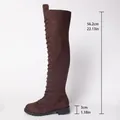 Detailed view of brown lace-up over-the-knee boots showing heel and shaft measurements - 38 / Long Lace-up Style (2618) / Brown