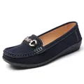 Comfortable navy blue suede loafers for women with stylish gold butterfly buckle detail - 35 / Dark Blue