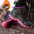 Insulated warm fleece-lined high-top hiking boots in black and pink for outdoor treks - 35 / Fleece Lined Style / Black/Rose Red