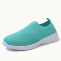 Summer women's teal breathable flyknit slip-on sock shoe with lightweight soft white sole - 35 / Slip-on Sock Style / Moon Blue