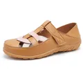Casual women's tan leather flat sandals with hollow out design and secure velcro strap - Yellow Pink