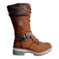 Brown mid-calf lace-up boots featuring a knitted cuff, decorative buckle, and thick lug sole - Brown