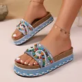 Detailed macro view of ethnic style platform sandals with colorful bead and pearl decorations - 35 / Sky Blue