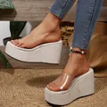 Side view showing details of beige suede platform wedge sandals with transparent PVC straps - 36 / Off White