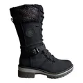 Detail view of black winter mid-calf boots with knitted cuff and lace-up design - 36 / Black