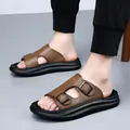 Sandales pour hommes en cuir marron de qualité avec doubles boucles et semelle noire - 38 / Kaki (6629)
