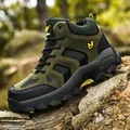 Durable men's olive green outdoor hiking boot with rugged sole on natural wood log - 39 / Dark Green Single Shoes / Dark Green