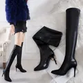 Elegant sexy black pointed toe stiletto over-the-knee boots for women with slim fit design - 34 / Black