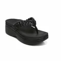 Seitenansicht von schwarzen Damen-Keilsandalen mit geflochtenem Riemen und dicker Sohle. - 36 / Schwarz