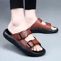 Sandales d'été en cuir pour hommes avec doubles boucles et semelle souple épaisse. - 38 / Brun (335) / Marron
