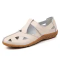 Beigefarbene Leder-Slipper für Damen mit Blumenmuster-Gummisohle für die Freizeit - 35 / Beige