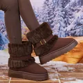 Fashionable brown winter snow boots featuring plush faux fur trim and decorative buckle - 36 / Coffee