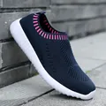 Stylish navy blue breathable knit slip-on running sneakers for women with pink detail - 36 / Dark Blue