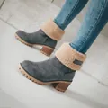 Close-up of grey suede chunky heel snow boots with beige fleece cuffs - 35 / Gray