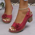 Chic red high heel sandals with 3D floral accent and laser-cut patterns for women - 36 / Red