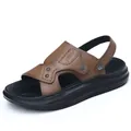 Sandales classiques en cuir marron pour hommes avec semelle plateforme noire antidérapante - 38 / Chaussures de Plage (6678) / Kaki