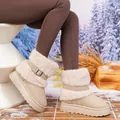 Stylish beige winter snow boots featuring warm faux fur trim and decorative buckle strap - 36 / Off White