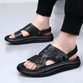 Premium zwarte herensandalen van rundleer met sport-reliëfband en antislipzool - 38 / Zwart Krokodil (6678)