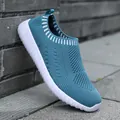 Women's teal breathable knitted slip-on running sneakers with wavy white thick sole - Moon Blue